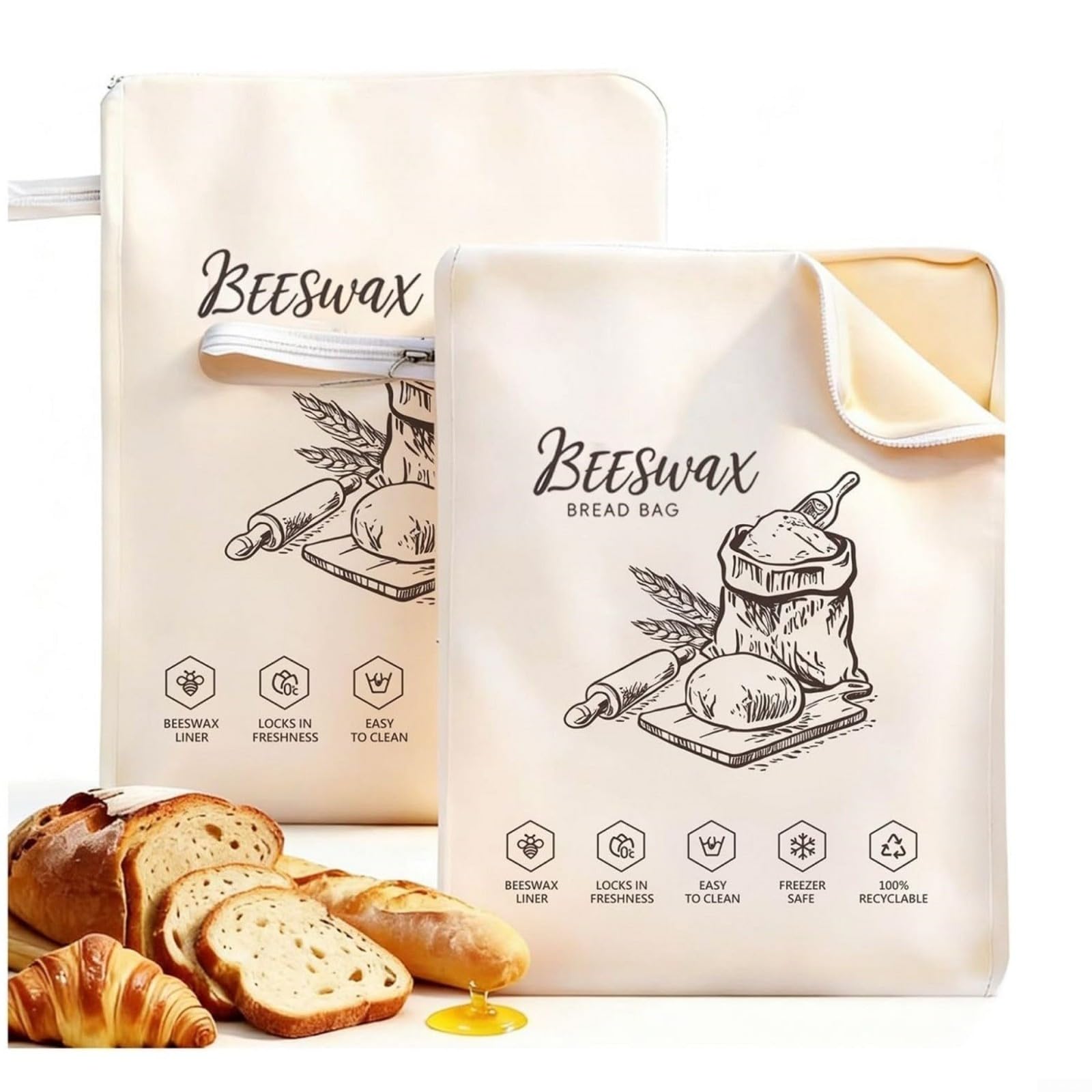 Wiederverwendbare Bienenwachs-Baumwoll-Brotbeutel für hausgemachtes Brot, hält frisch (10 Stück)