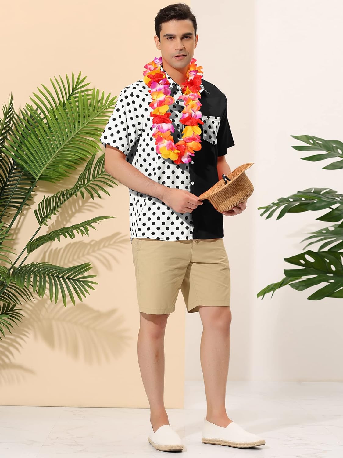 Lars Amadeus Men's Summer Polka Dots Short Sleeves Button Down Patchwork Beach Shirt - Image 3