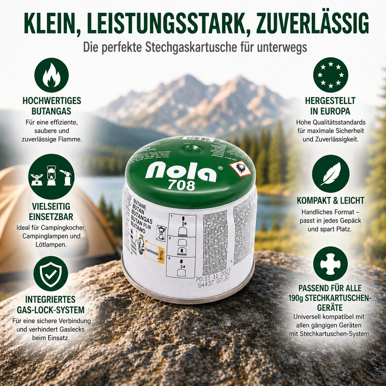 NOLA 12 x 190g Stechgaskartuschen Butangas EN417 Wintergas für Campingkocher, Lötbrenner, Gaslampe und Abflammgerät, Camping Gas Cartridge, Butane Gas, Made in Europe Art. 708