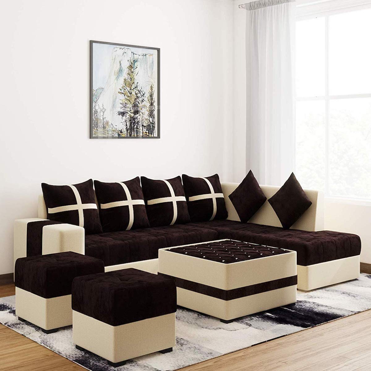 RR Traders Wood 6 Seater RHS L Shape Sofa Set with Center Table and Two Puffs Set - Brown