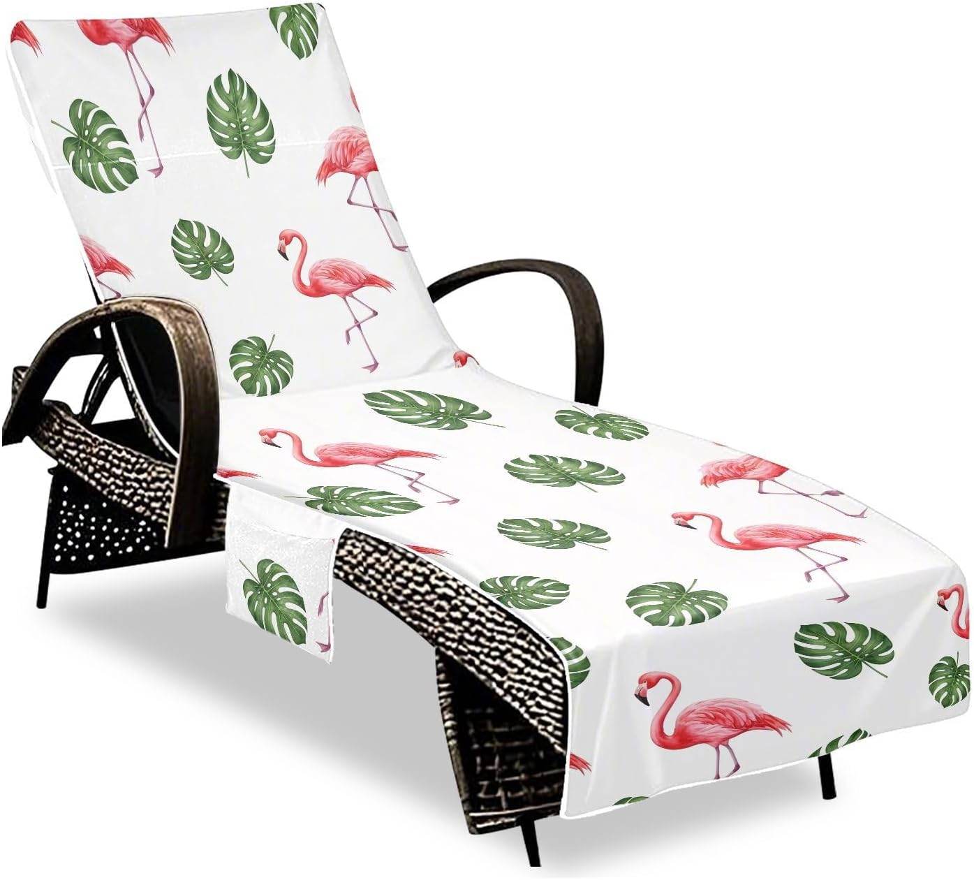 Cute Flamingo Lounge Chair Towel Cover with Side Pockets – 85x30in Foldable Chaise Cover for Beach, Pool, Patio, Spa