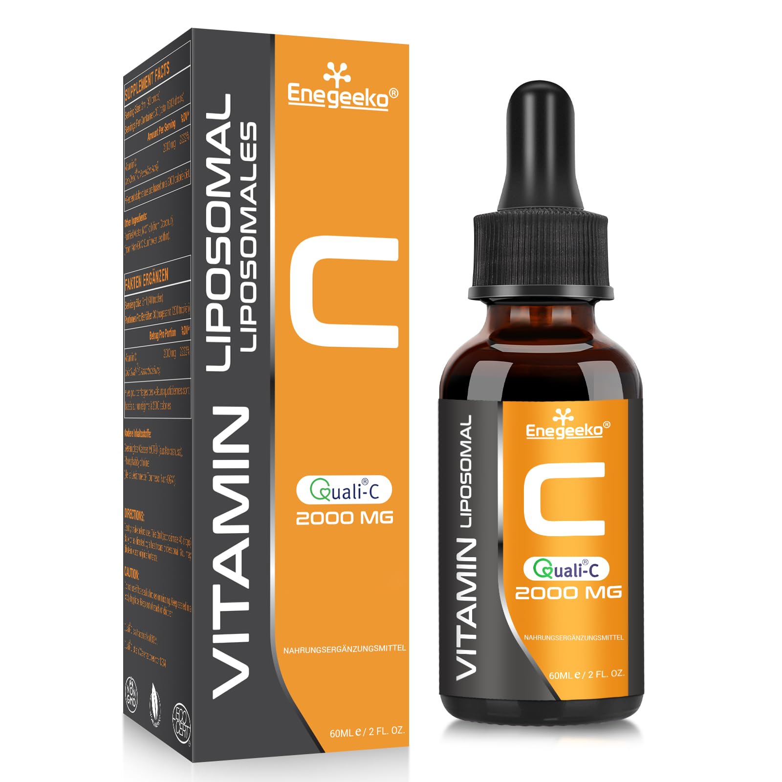 Liposomales Vitamin C 2000 mg mit Quali-C | Nicht GVO | pH-neutral | Vegan, Tropfen (60 ml (1er Pack))