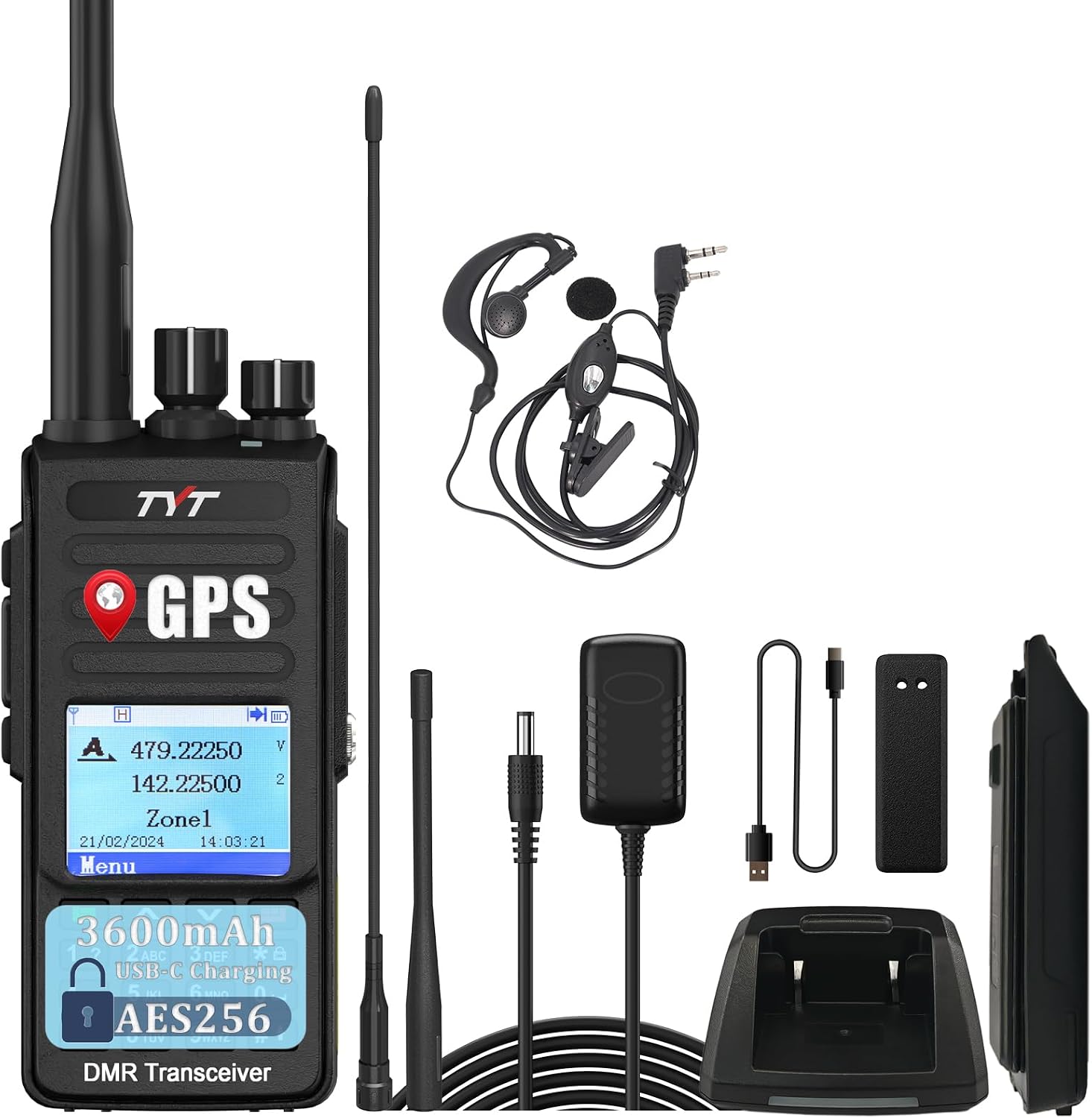 TYT DMR MD-UV390 Plus Radio AES256 Encryption 10W Dual Band GPS Walkie Talkie USB-C Charging Long Range Digital&Analog Handheld Radio 3600mAh with Headset