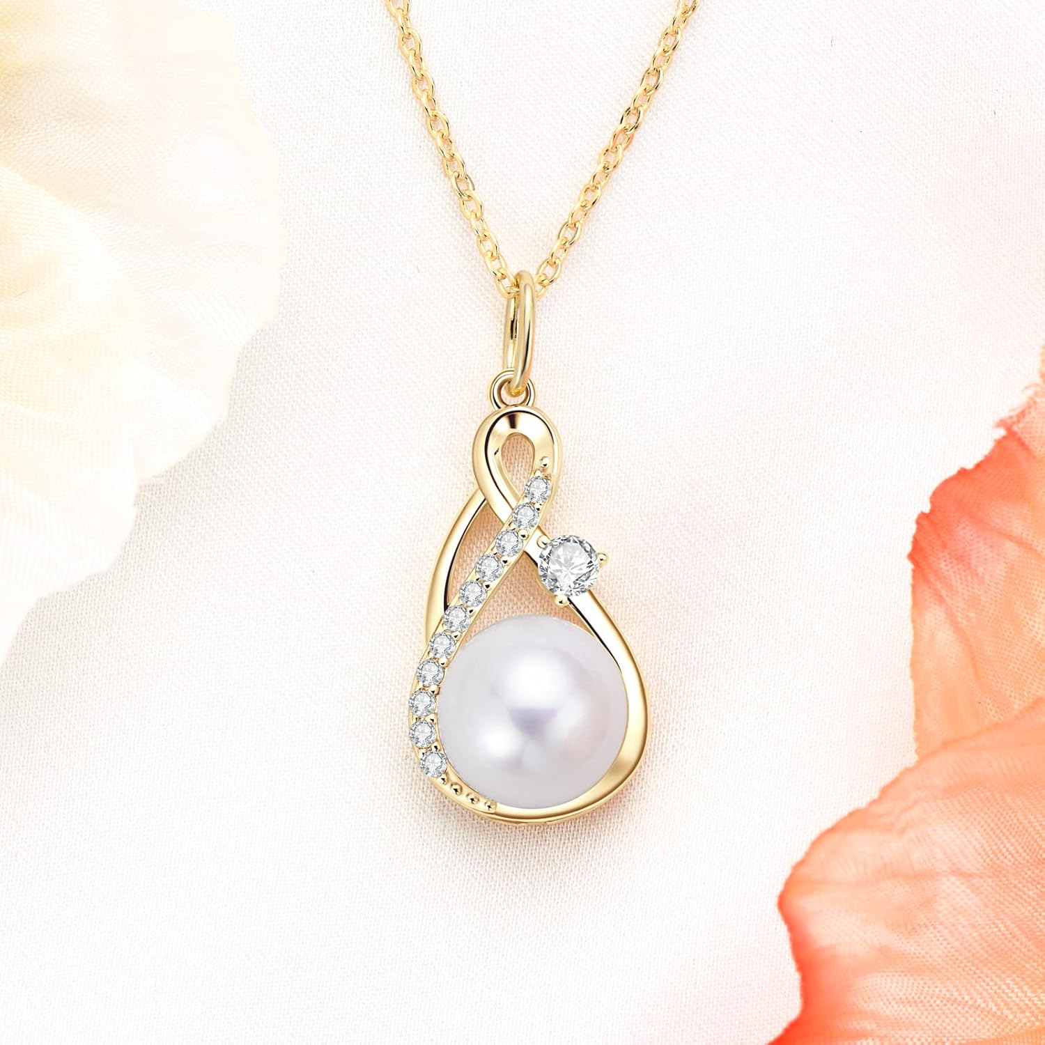 DENGGGUANG Freshwater Pearl Pendant Necklaces for Women, Sterling Silver Infinity Single Pearl Necklace with Shiny Moissanite Wedding Jewelry Gift for Bride Bridesmaid - Image 2