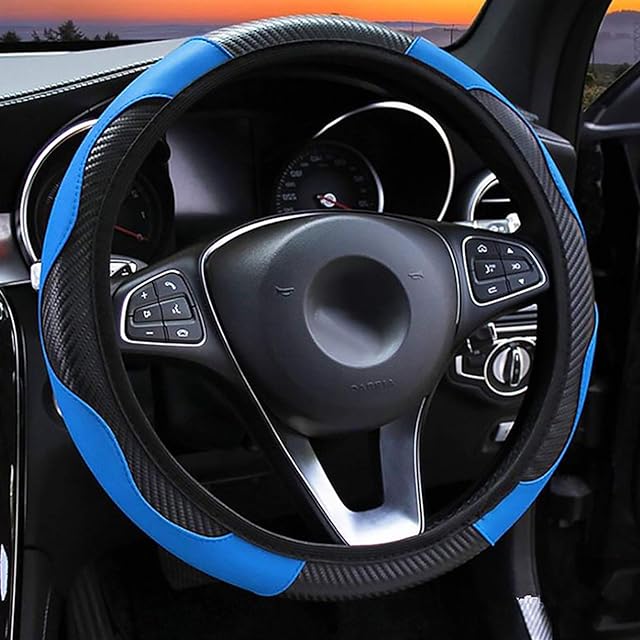 LMYDIDO Car Steering Wheel Cover Leather, Anti-slip Breathable Carbon Fiber Sports Elastic Band Without Inner Ring Steering Wheel Cover Universal Size 37-39cm /14.5-15inch (Blue)