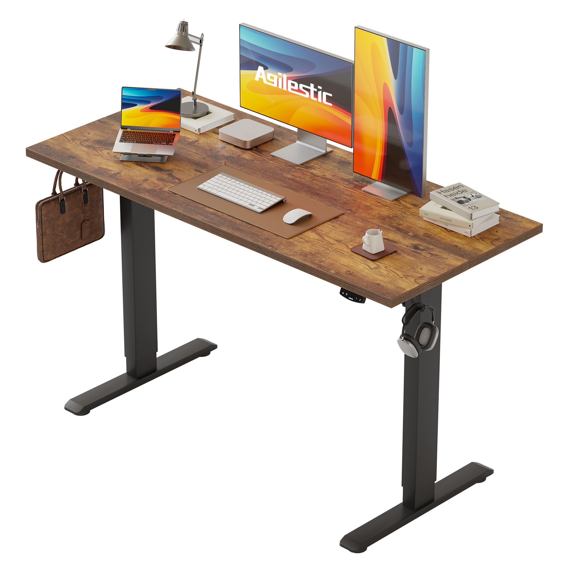 Agilestic Electric Standing Desk, 135 x 60 cm Height Adjustable Sit Stand Desk with Splice Board and Memory Smart Pannel, Home Office Desks, Brown — image 1