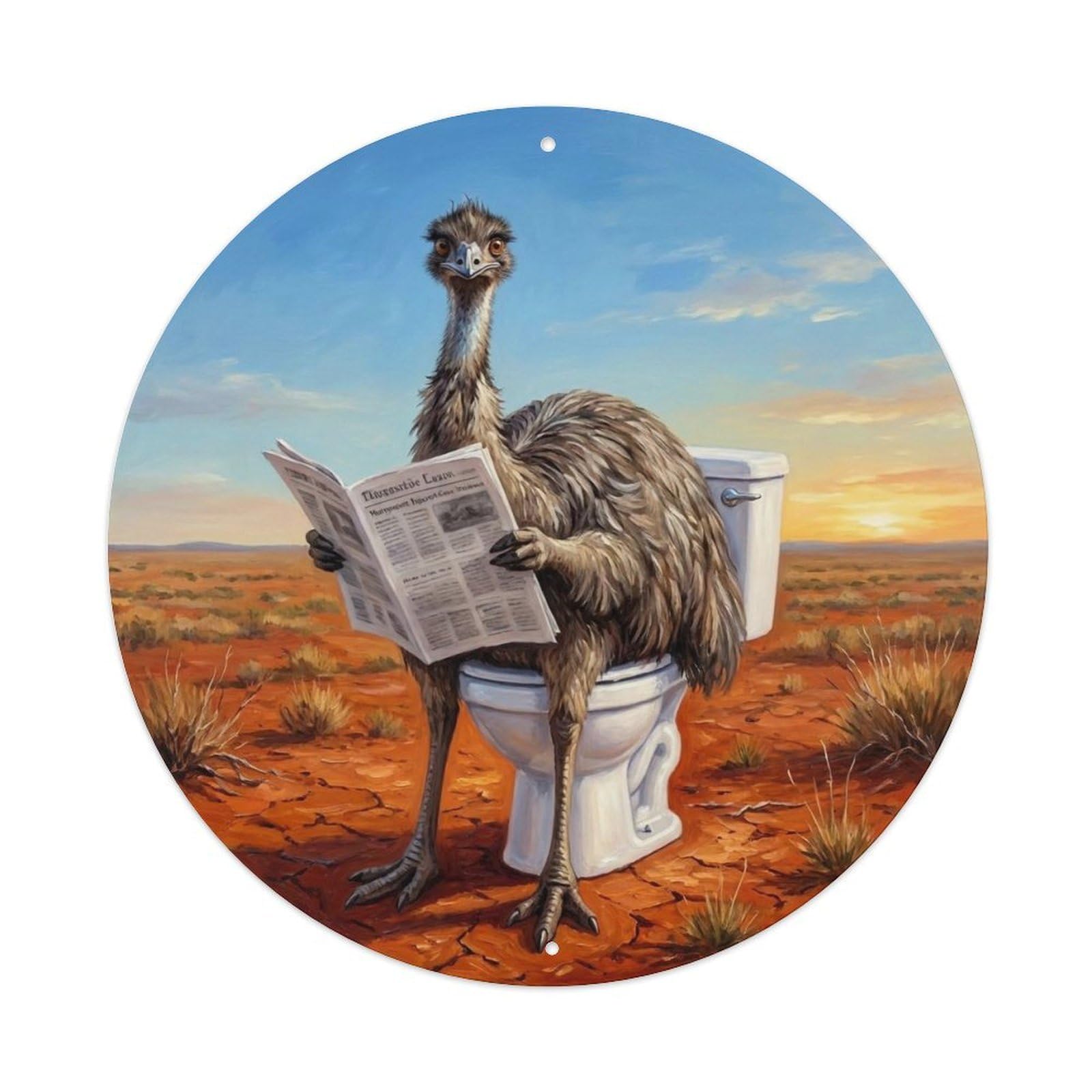 Emu On Toilet Humorous Bathroom Red Outback Plain Metal Tin Sign