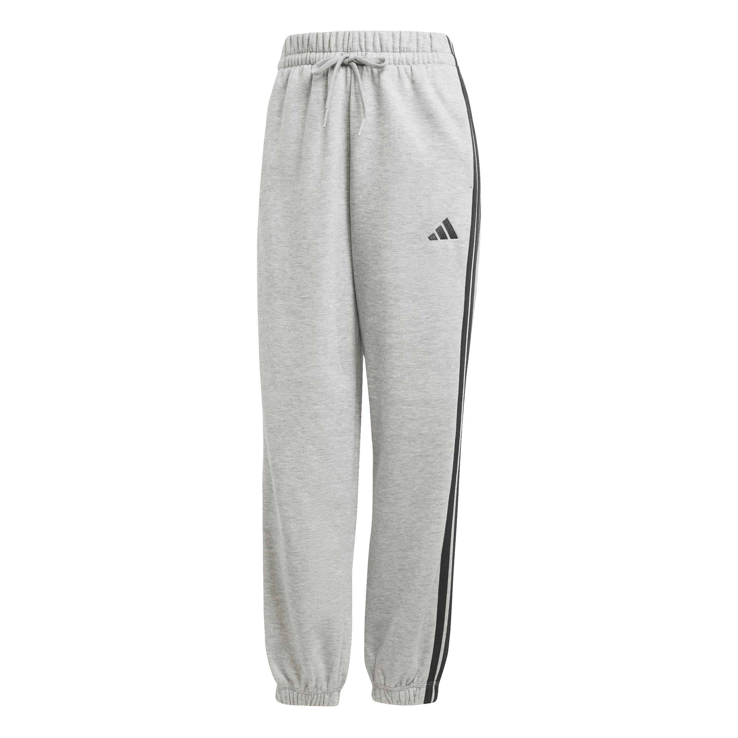 adidas Women's Essentials 3-Stripes Fleece Loose Pants, Medium Grey Heather/Black, L