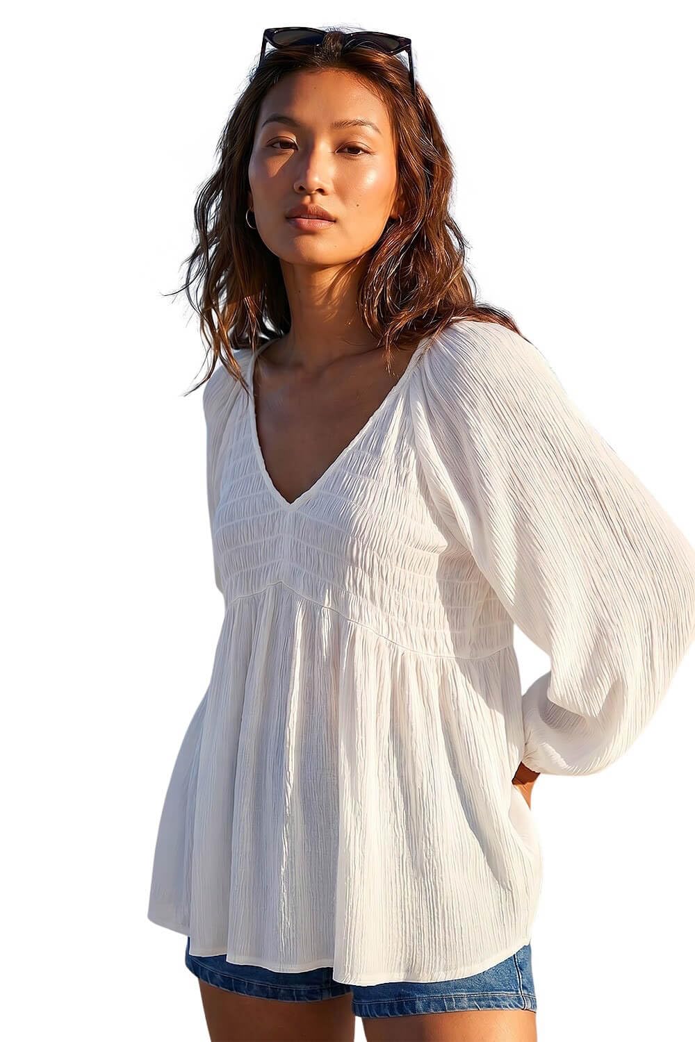 Roman Originals Women's Ivory Shirred V-Neck Top For Uk - Everyday Holiday Spring Summer V-Neckline Comfy Soft Evening Vacation Work Party - Size 12