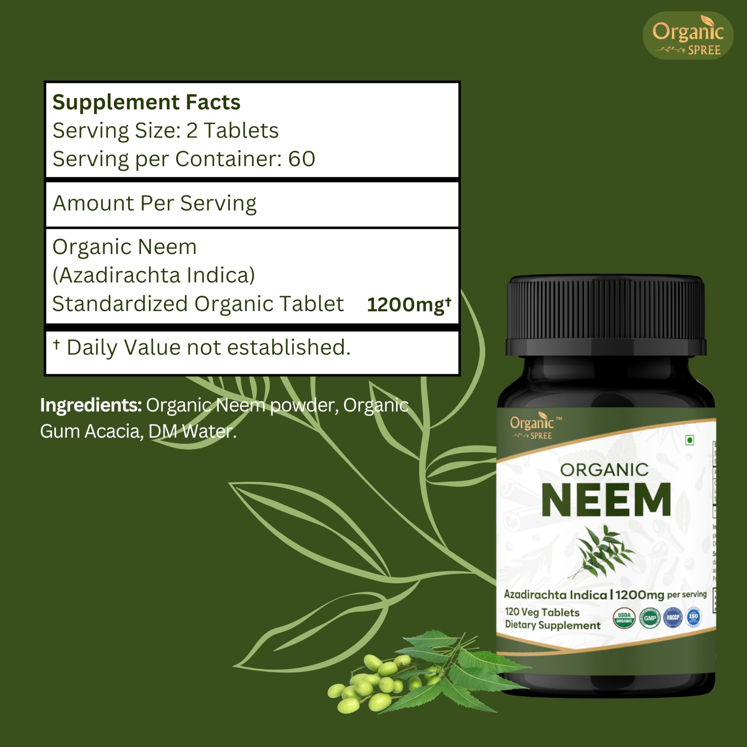Organic Spree NEEM 120 Tablets (Azadirachta Indica) | Biologico e Naturale | Vegano e certificato USDA 120 compresse | 1200 mg per porzione (2)