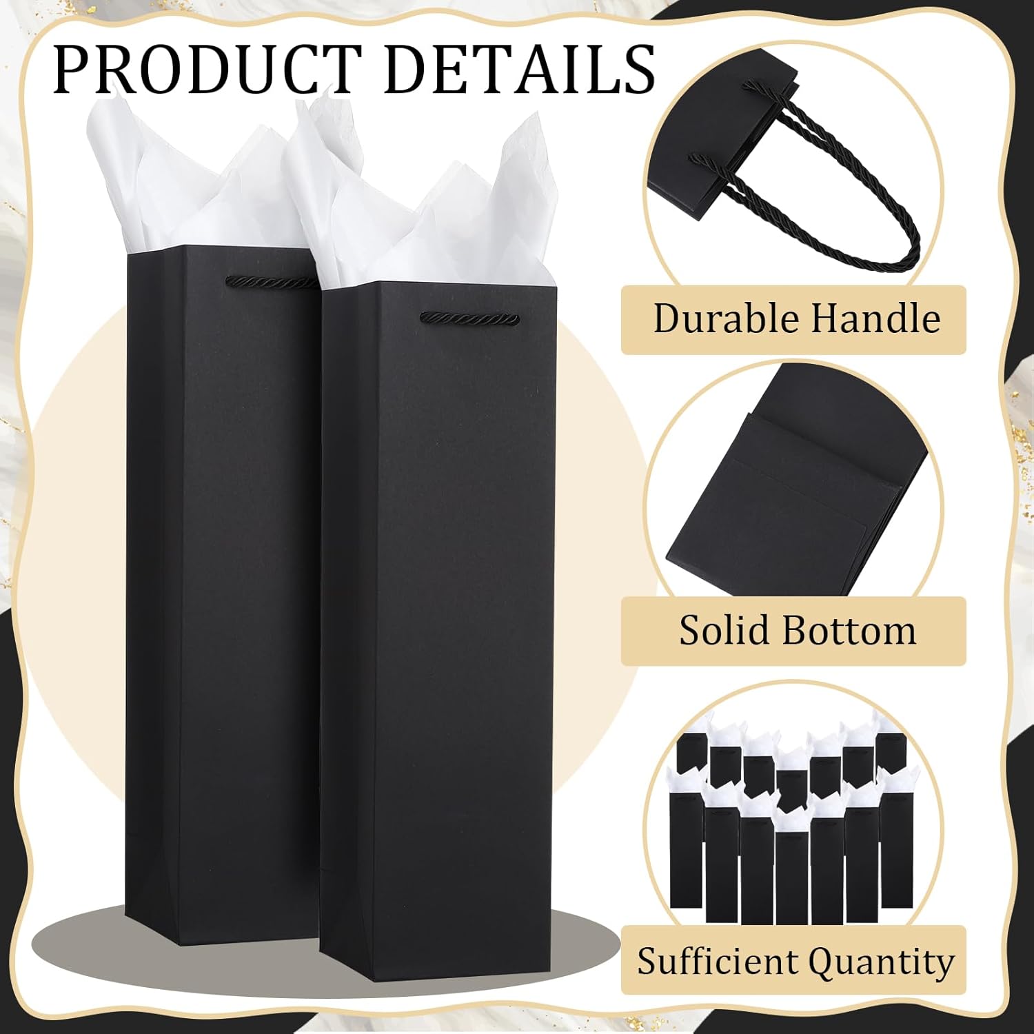 Ovveroche 50 Pack Black Wine Gift Bags Wine Bottle Gift Bags with Handles and Tissue Paper for Christmas Holiday Birthday Wedding Party - Image 3