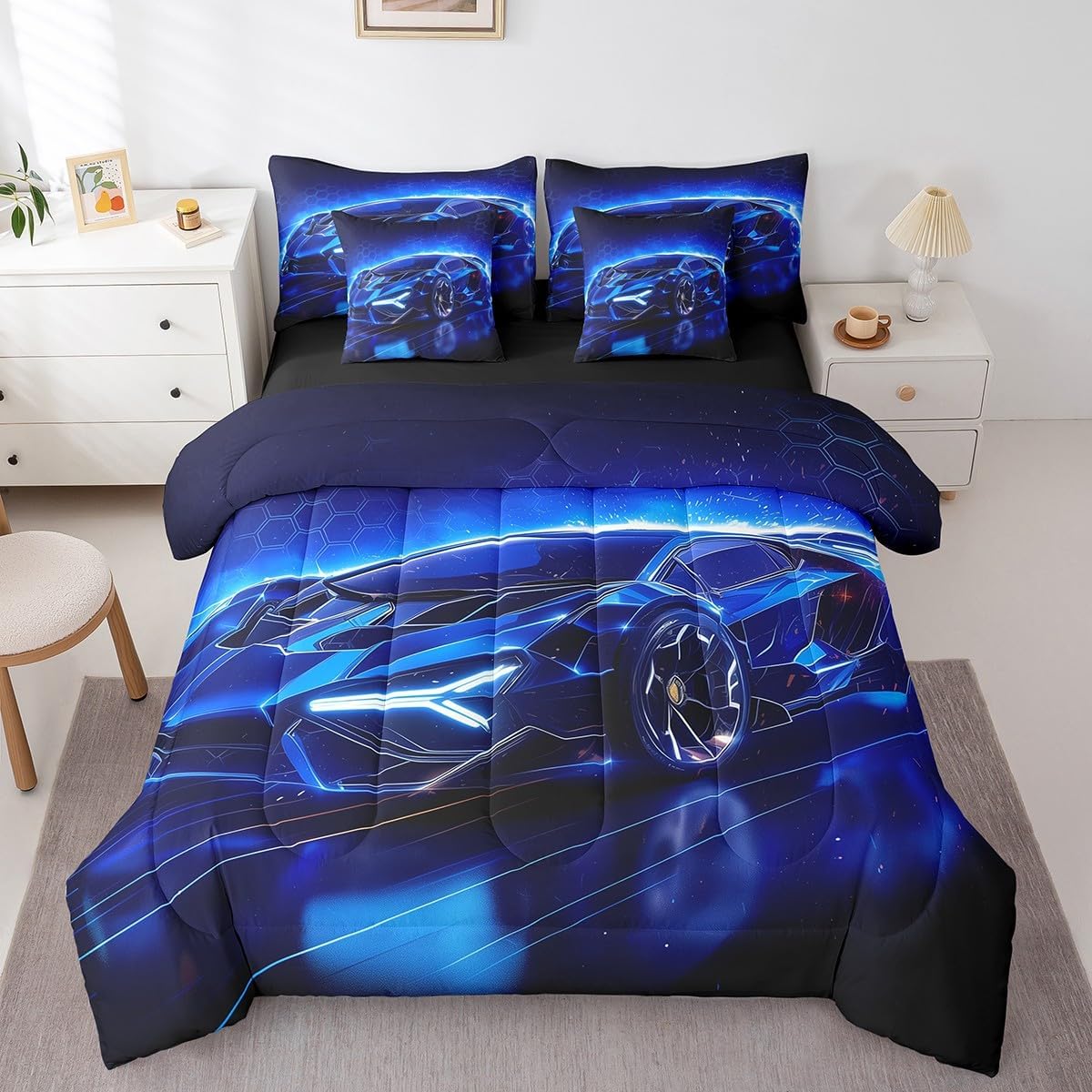Feelyou Kids Boys Sports Car 7 Piece Bedding Set Full Size Blue Race Car Comforter Set with Sheets for Kids Teens Boys Girls Extreme Sports Theme Bed in a Bag Speed Luxury Car Bed Set - Image 3