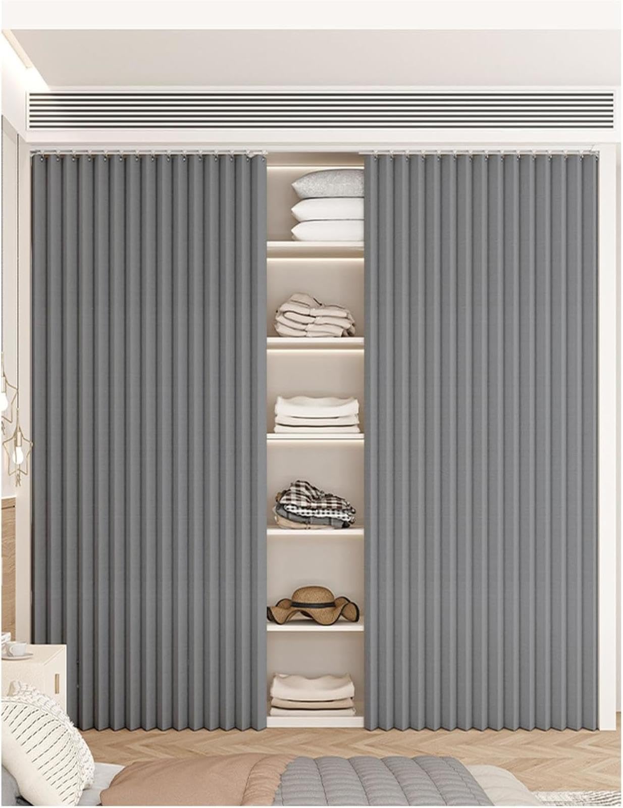 YZBZNG Schrankvorhang Zum Schieben, Vorhang für Schrank, Staubdichter Vorhang für Regal mit Selbstklebend Gleitschiene, schrankvorhänge,Grau-W200cm/H240cm