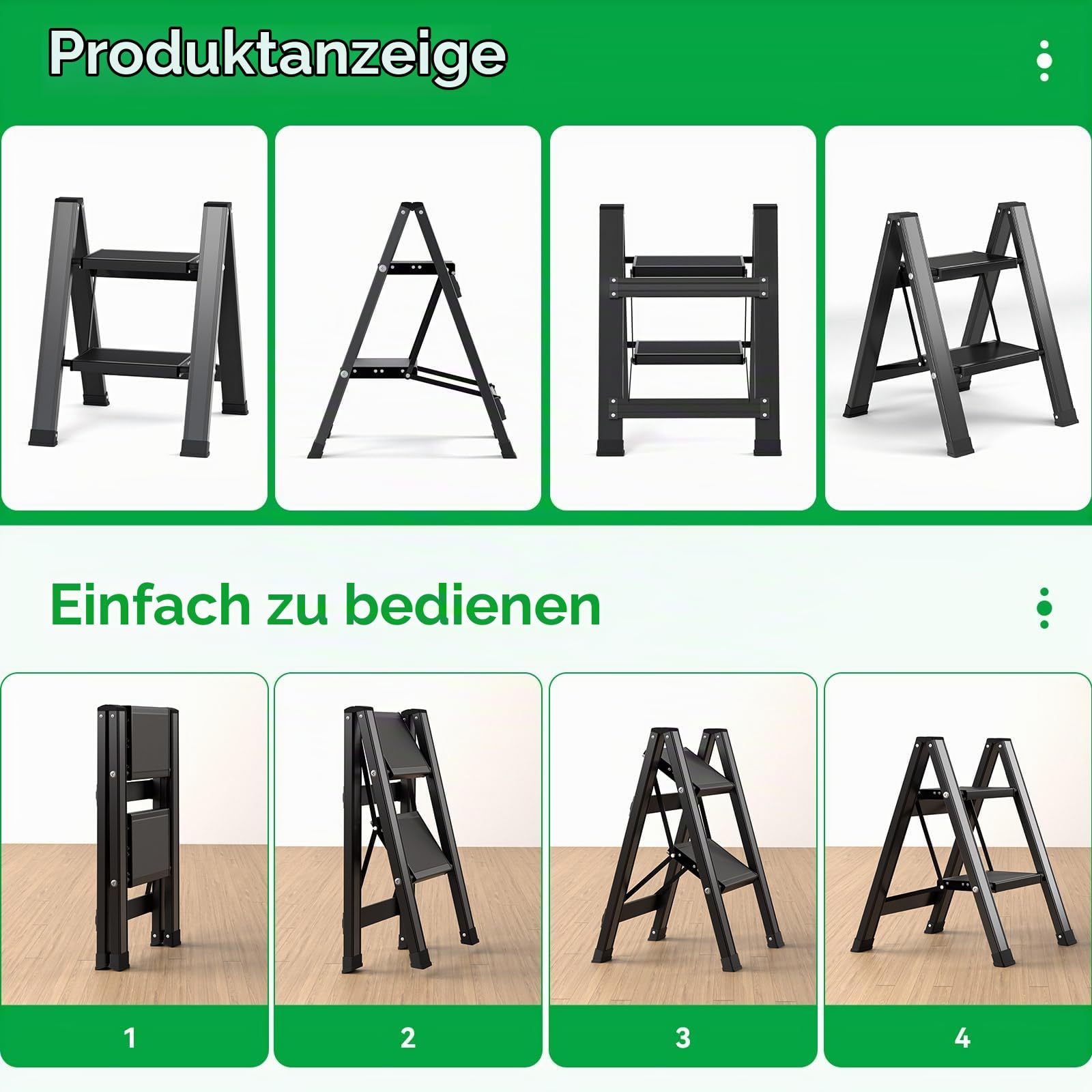 KULACO Klapptritt 2 Stufen Aluminium Leiter, Belastbar bis 150 kg, Schwarz | rutschfeste Haushaltsleiter, Tragbare Multifunktionsleiter Klappleiter für Küche, Bad, Garten und Camping