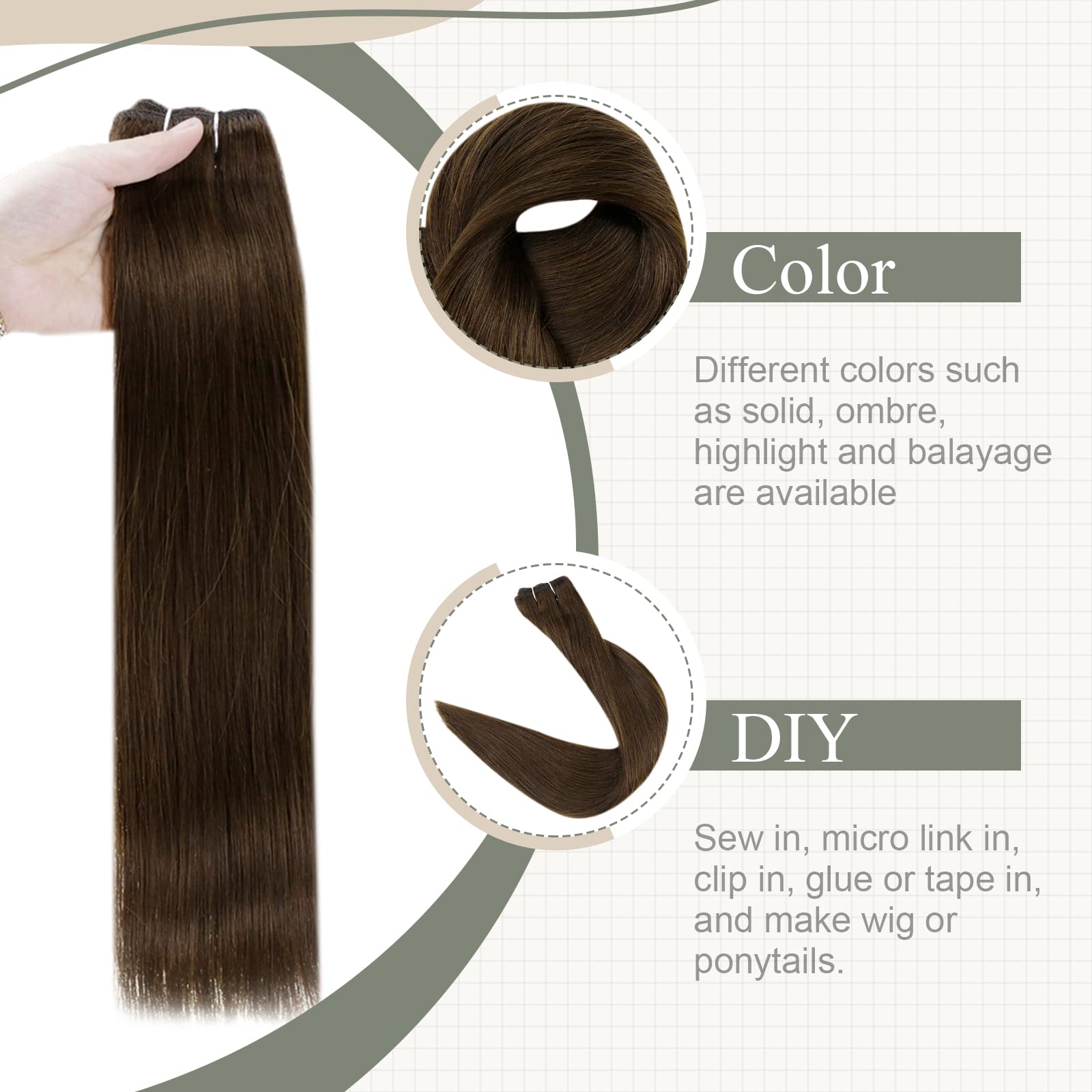 Fshine Tessitura Capelli Veri Marrone Medio Matassa Extension Real Hair 80g 30CM Weft Extension Lisci Capelli Bundles Human Hair Extension Capelli Veri Cucitura #4