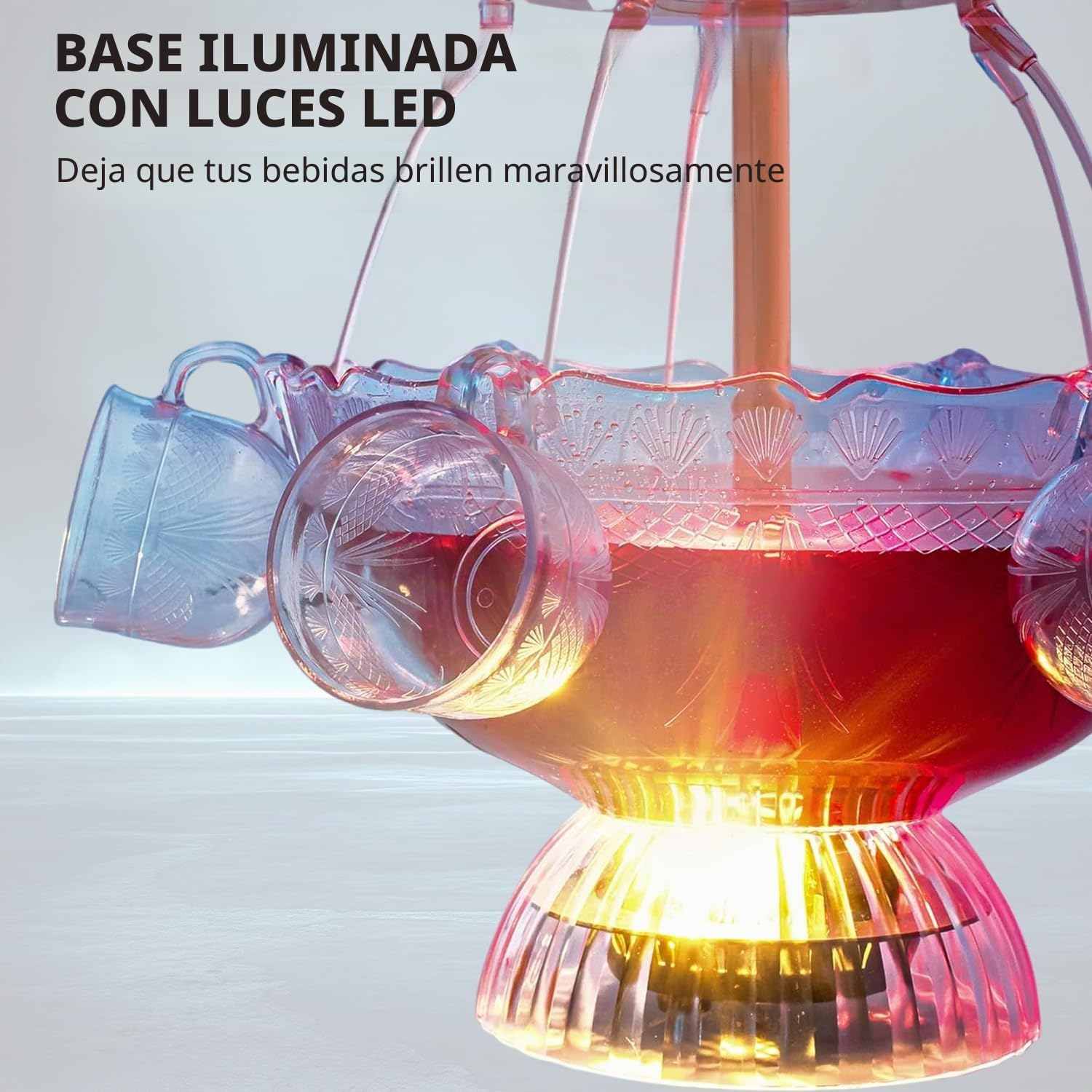 Fuente de Fiesta Transparente de 3 Niveles, Máquina de Fuente de Vino | 5 Vasos Reutilizables y 1 Cepillo, Base LED, Torre de bebidas para Pubs, Fiestas en Casa y Fiestas de Cumpleaños
