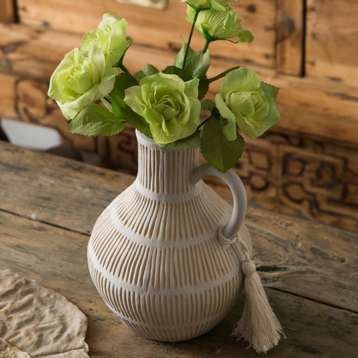 Rustic Ceramic Vase for Home Decor, Farmhouse Decorative Vases for Pampas Grass, Terracotta Vase with Tassel Design, Handle Flower Vase, Clay Vase for Living Room Decoration, 8 inch Tall - Image 3