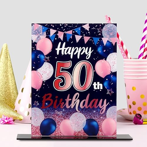 Miniatura 7 de LINGTEER Centros de mesa acrílicos con globos de color azul marino y rosa con texto en inglés "Happy 50th Birthday", 2 unidades de decoración de