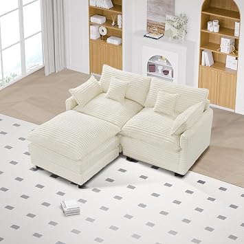74" Cloud Couch, Small Modern Modular Sectional Sofa with Ottoman & 4 Throw Pillows, L-Shaped 3-Seater Deep Seat Corduroy Sofa, Comfy Couch for Living Room, Apartment, Bedroom, Office, Beige