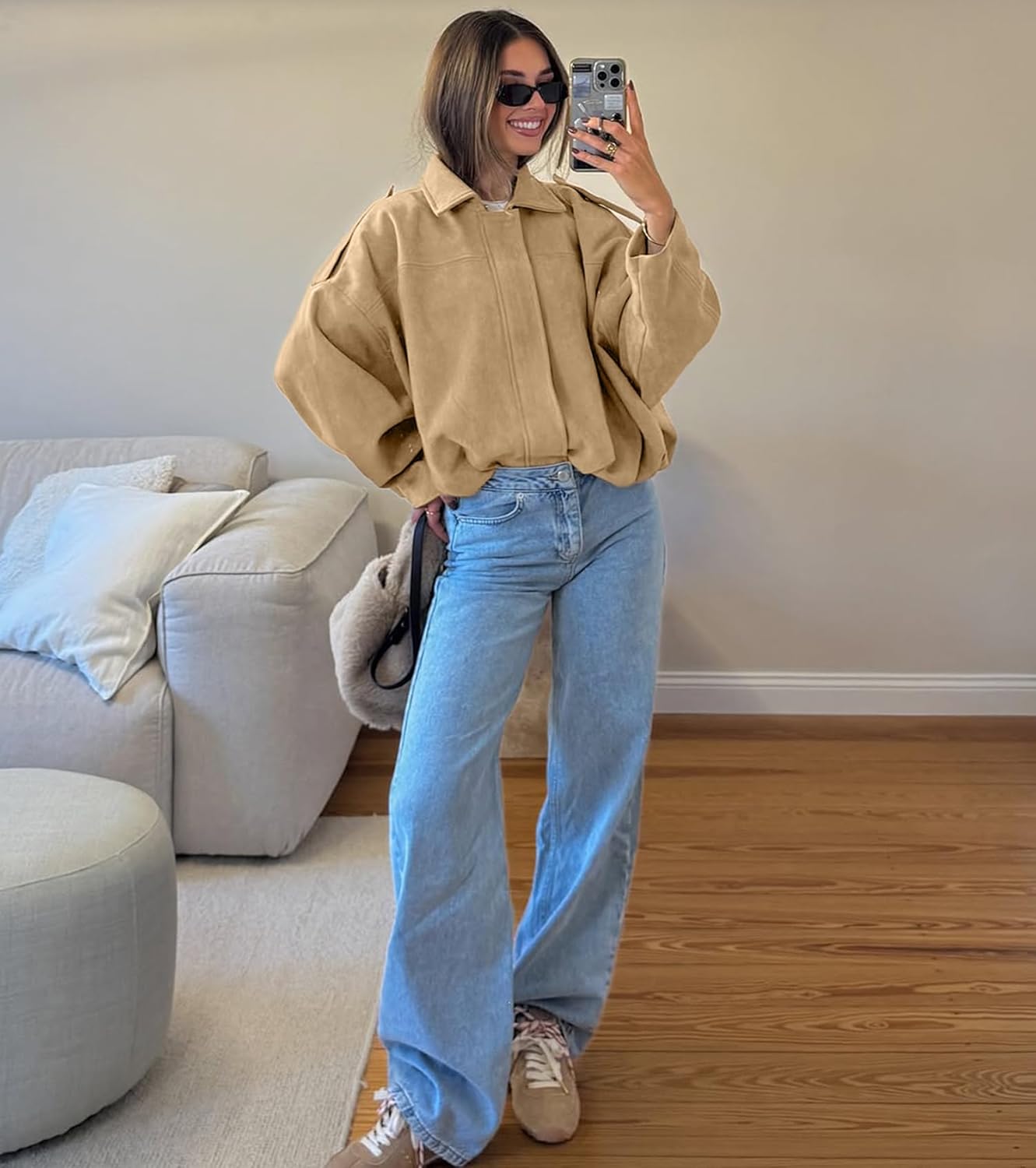 Womens Faux Suede Bomber Jacket Casual Lapel Pilot Cropped Coat Oversized Motorcycle Jackets 2025 Outerwear