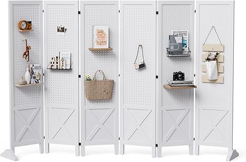 Miniatura 8 de VINGLI - Separador de ambientes independiente con tablero de clavijas con pies de soporte, tablero organizador de exhibición de 5 pies de madera,