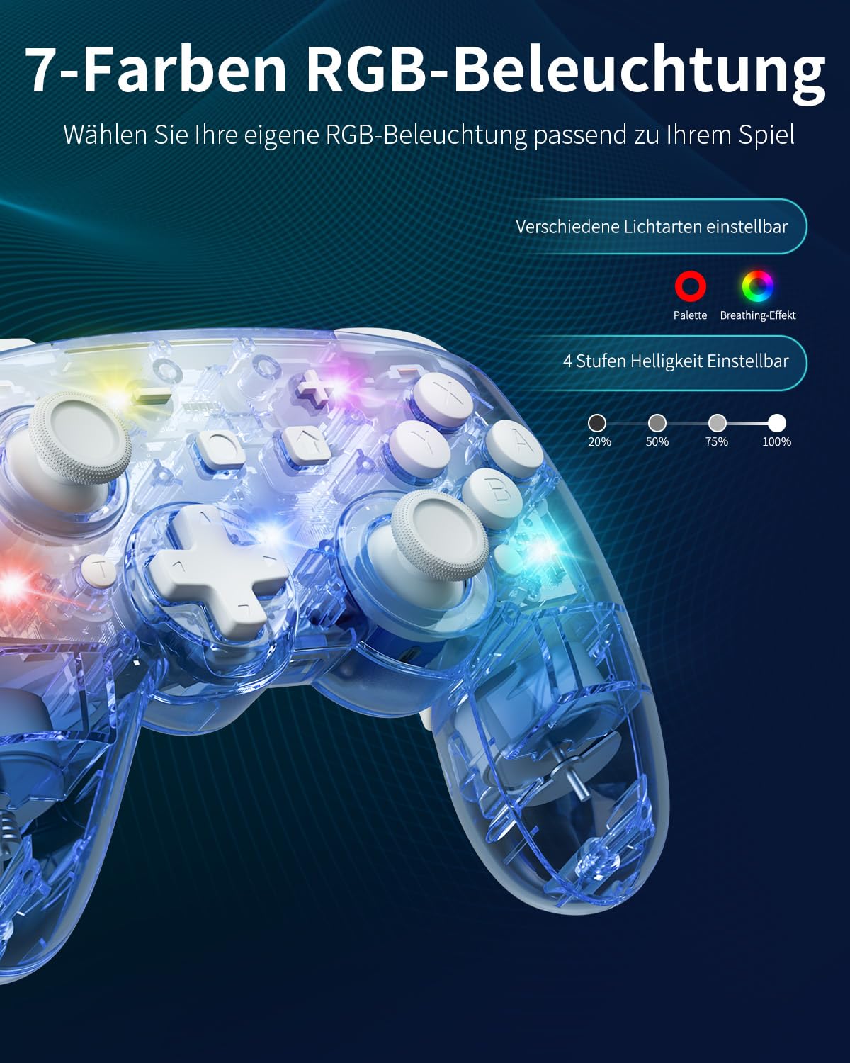 PALPOW Switch 2 Controller mit Switch 1/2/OLED/Lite, Hall-Effekt-Joysticks Pro Controller mit 7 RGB LED/Makro Paddles/Bluetooth/Bewegungsaufnehmer/6-Achsen-Gyro/Turbo,Transparent Blau