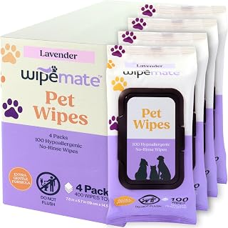 WIPEMATE 400 Lavender Scented Premium Dog & Cat Pet Wipes for Small/Medium Size Pets Cleans Paws Ears Fur Butt & Anal Gland Wipe No-Rinse Solution Gentle Deodorizing & Hypoallergenic