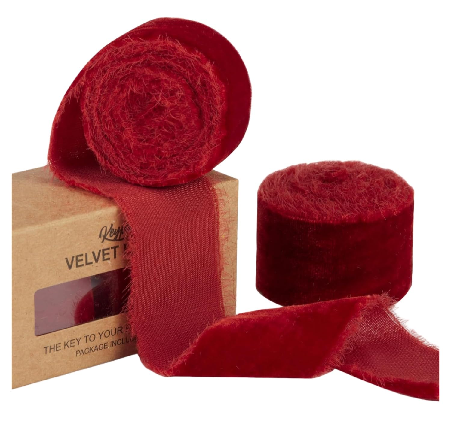 3 Pcs Velvet Ribbon, 1.5 Inch x 1.5 Yds Handmade Frayed Raw Edge Silk Ribbons Craft for Christmas Wedding Home Decor(Red)