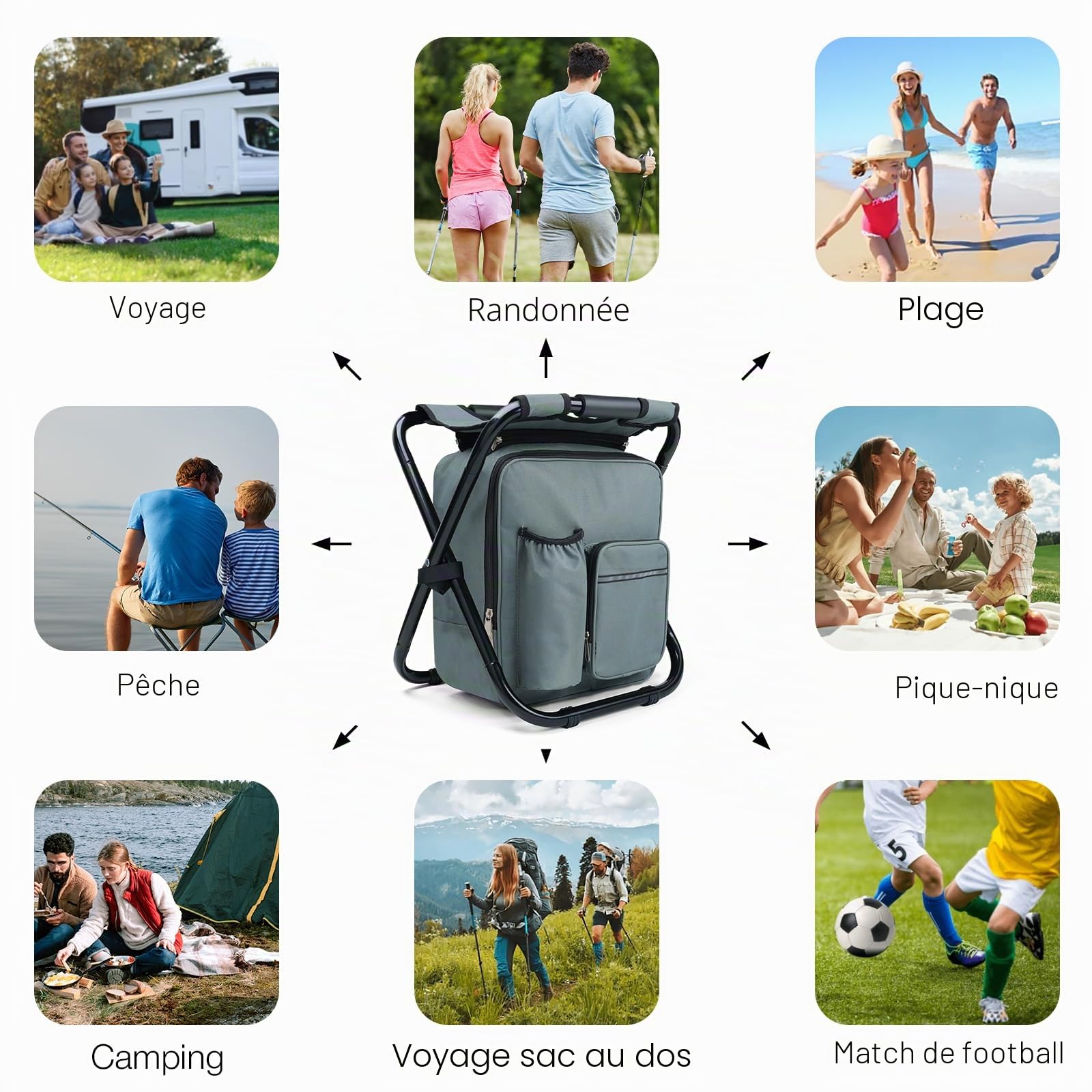 40CM Tabouret Pliable Camping avec Poche de Glacière Amovible, Siege de Peche avec Sac à Dos, Compact et Fonctionnel, Chaise Pliante pour Chasse Pique-Nique, Gris