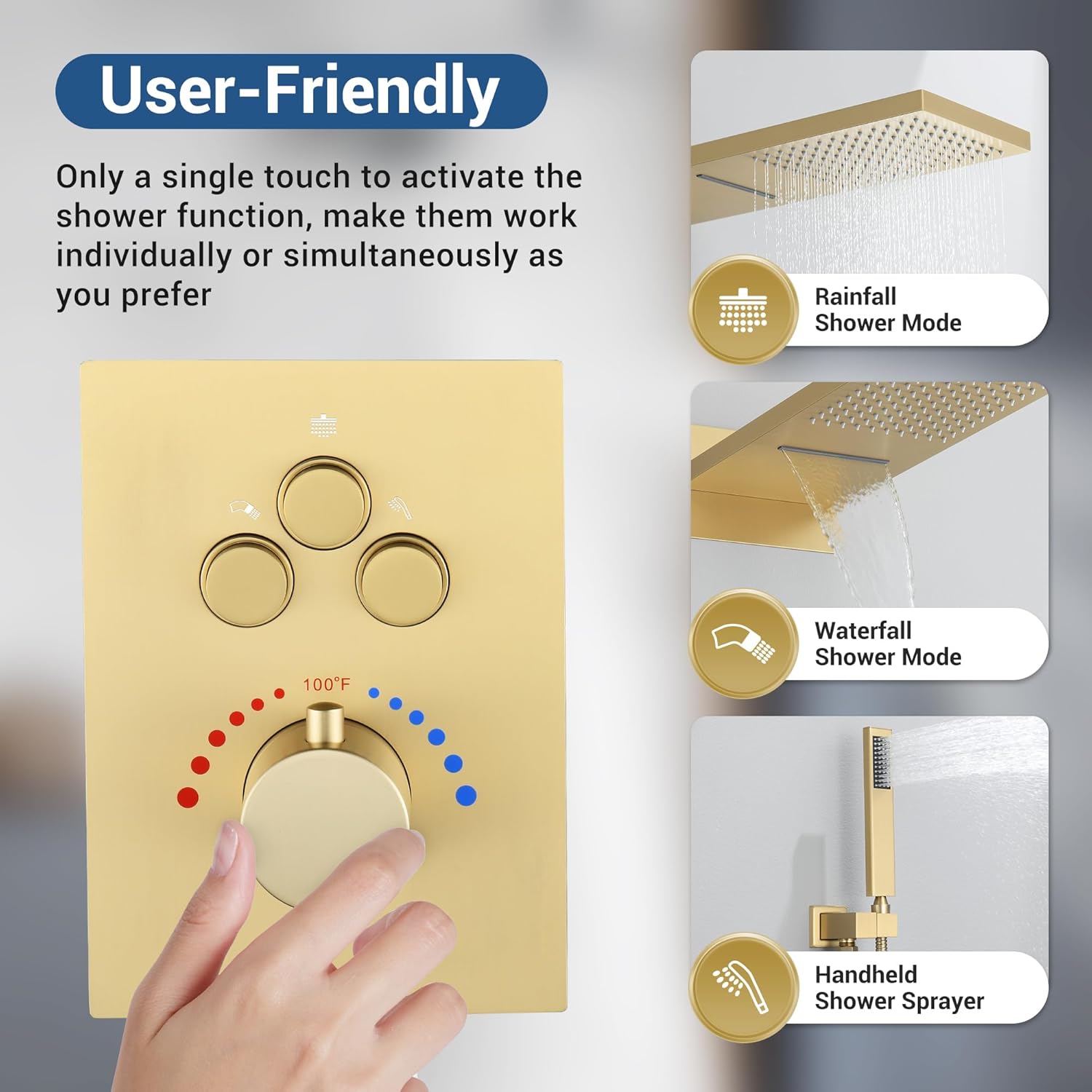 Thermostatic Shower System 22-Inch Rain & Waterfall Large Shower Head, Brushed Gold Luxury Shower Faucet Set with High Pressure Handheld Sprayer, Wall Mount Shower Fixtures Include Valve