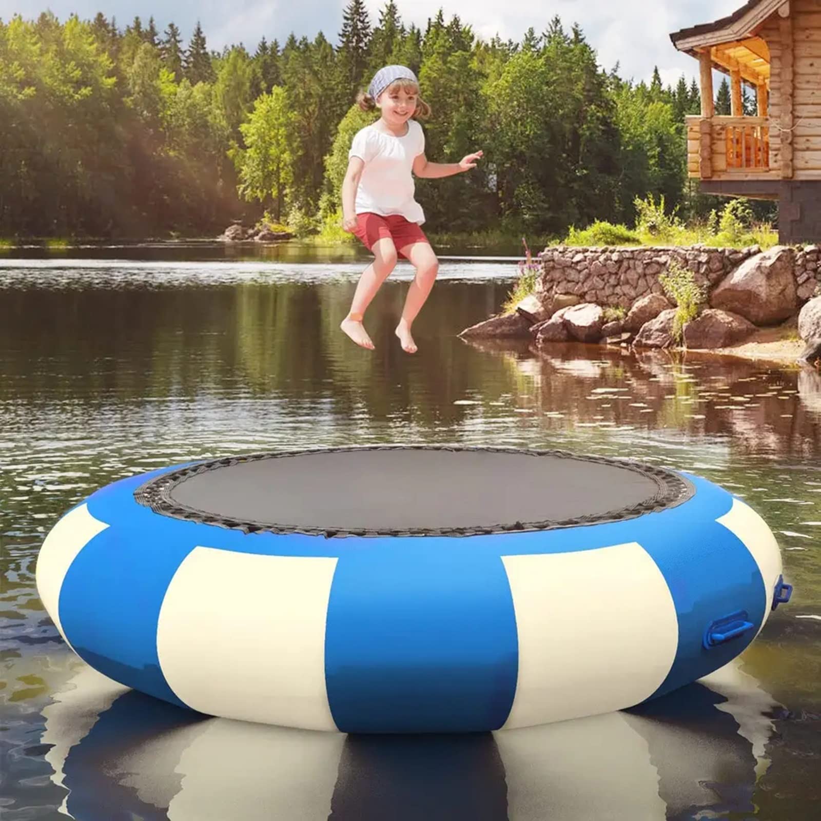 Trampolín inflable de agua con inflador eléctrico, rebotador de salpicaduras de buceo, escalera de cuerda, cuerdas de amarre y ancla para piscinas y lagos