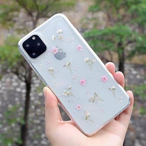 Miniatura 5 de Compatible con iPhone 15 Pro Flower Case, funda suave transparente flexible de goma prensada seca flores reales para niñas con purpurina floral