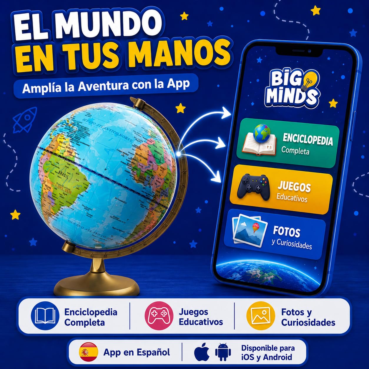 Big Minds - Globo Terráqueo | Bola Del Mundo Interactiva Niños Modo Noche Y Día | Globo Terraqueo Interactivo Niños Con App | Bola Del Mundo Con Luz Led Español | Regalo Comunion Niño | Comunion Niña