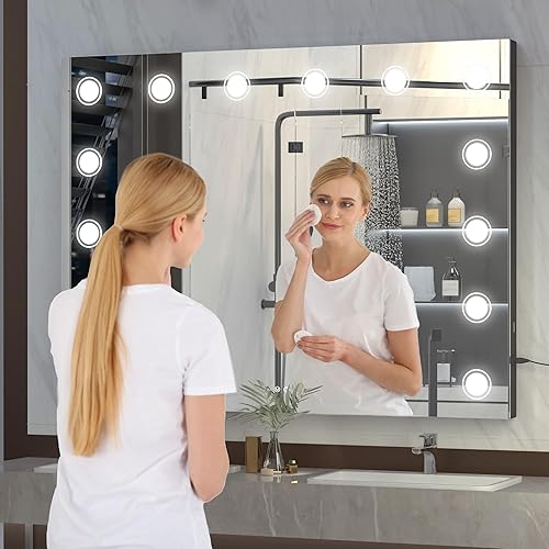 Miniatura 5 de Hasipu Espejo de tocador con luces, espejo de maquillaje de 32 x 24 pulgadas, espejo iluminado con 14 luces LED regulables y aumento de 10X, 3 modos