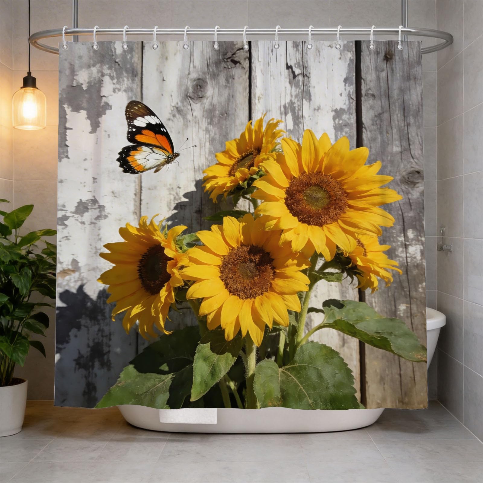 Hongduo 3D Country Sunflower Shower Curtain for Stalls Bathtubs Weathered Planks Bathroom Decor Shower Curtain Set Polyester Fabric Waterproof 120x180cm/48X71 Inch with Hooks