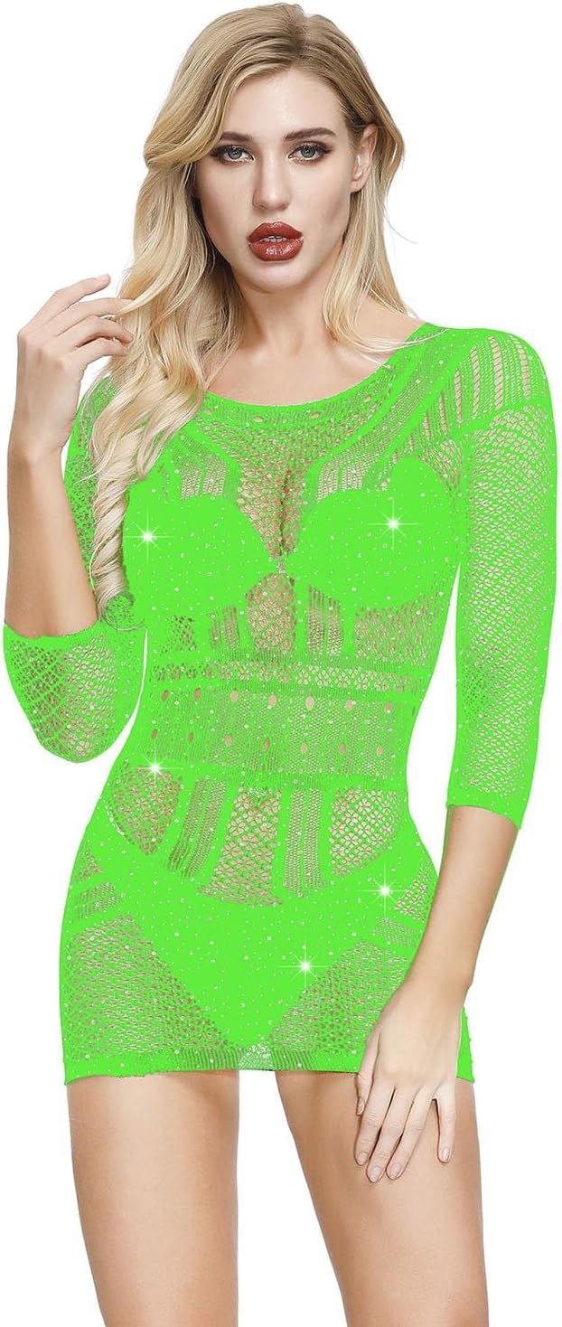 ALISSE Womens Sexy Lingerie Black Fishnet Bodysuit Mini Dress Sparkly Rhinestones Hollow Out Beach Cover Up Teddy Lingerie One Piece Longsleeve Chemise Nightdress Babydoll Dress(Green)