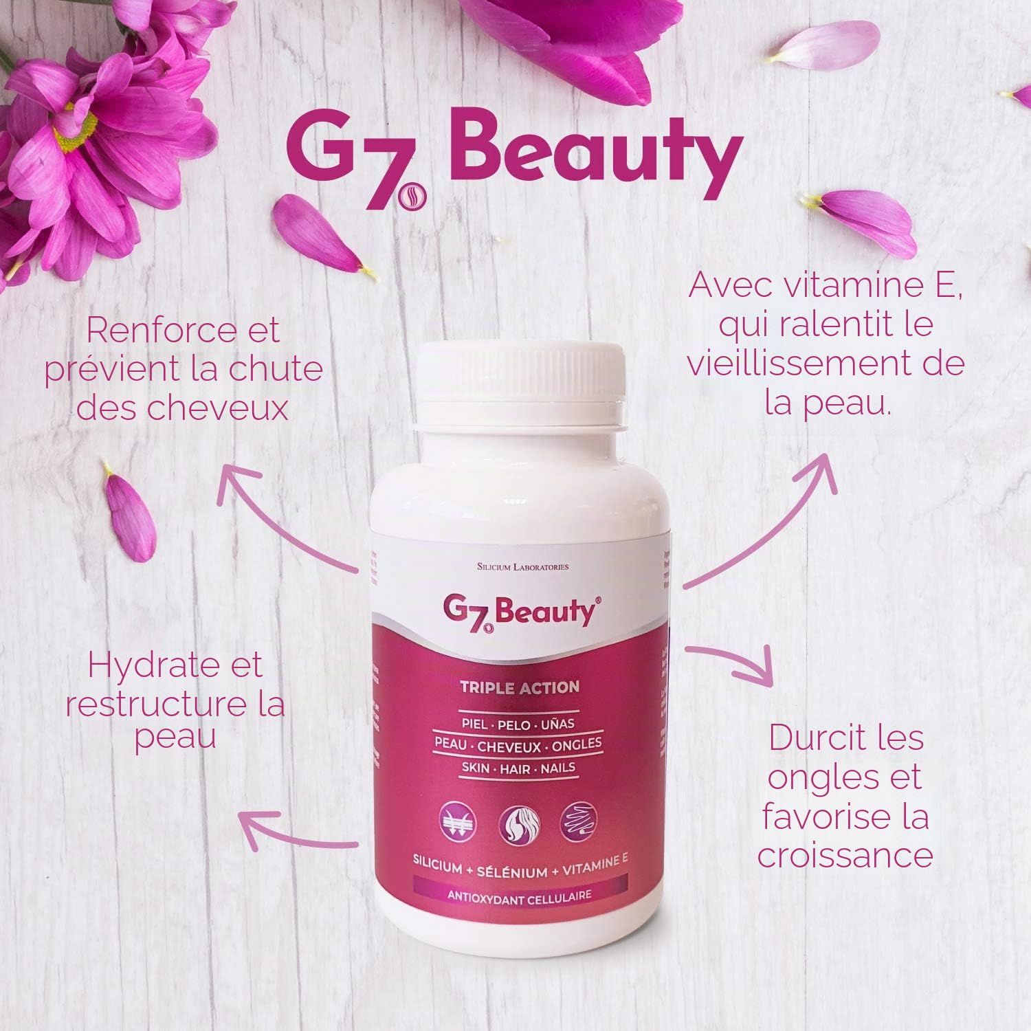 G7 Beauty. Antioxydant cellulaire. Silicium Enrichi En Vitamine E Et Sélénium. Aide Á Maintenir La Santé Et La Beauté De La Peau, Des Cheveux Et Des Ongles. 60 capsules.