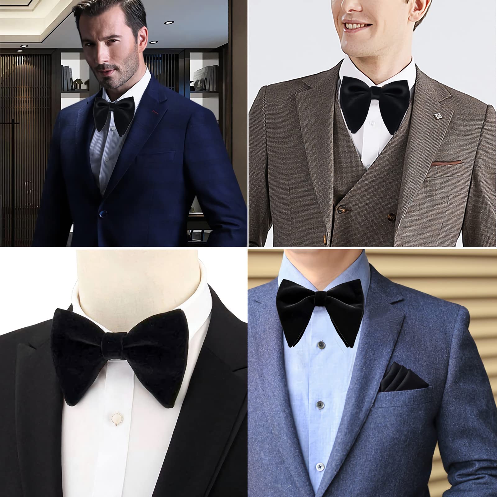 Men's Velvet Bow Tie Oversized Pre-Tied Solid Color Tuxedo Big Bowtie