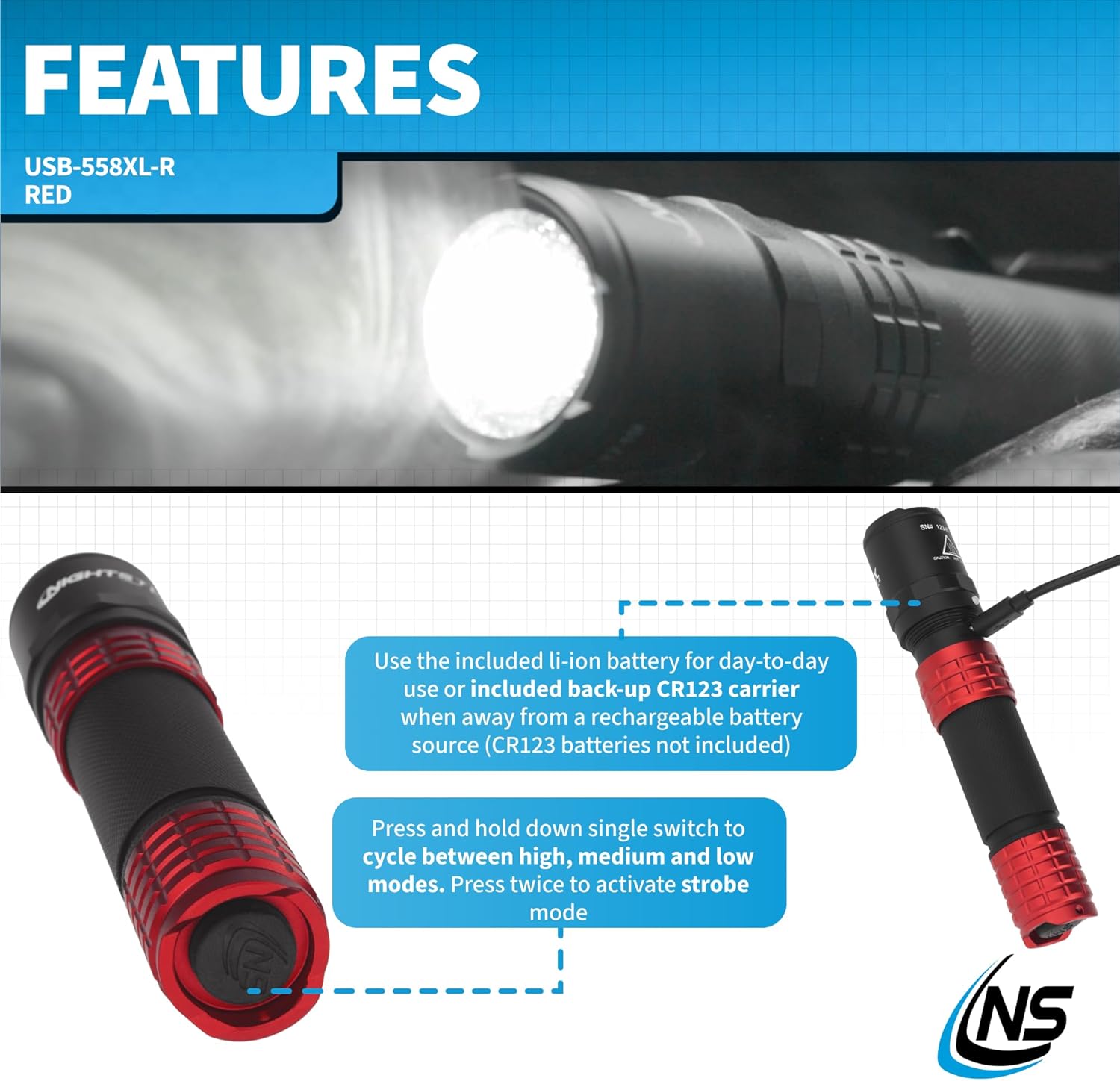 Nightstick USB-558XL-R Metal USB Rechargeable Multi-Function Tactical Flashlight - Red