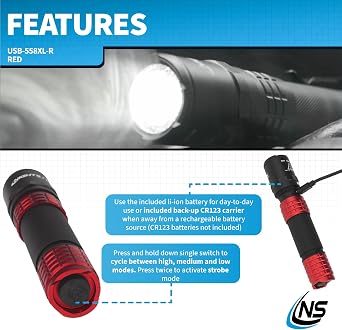 Nightstick USB-558XL-R Metal USB Rechargeable Multi-Function Tactical Flashlight - Red