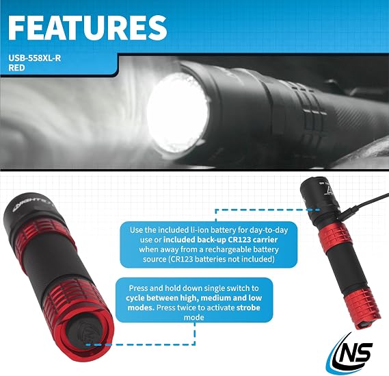 Nightstick USB-558XL-R Metal USB Rechargeable Multi-Function Tactical Flashlight - Red