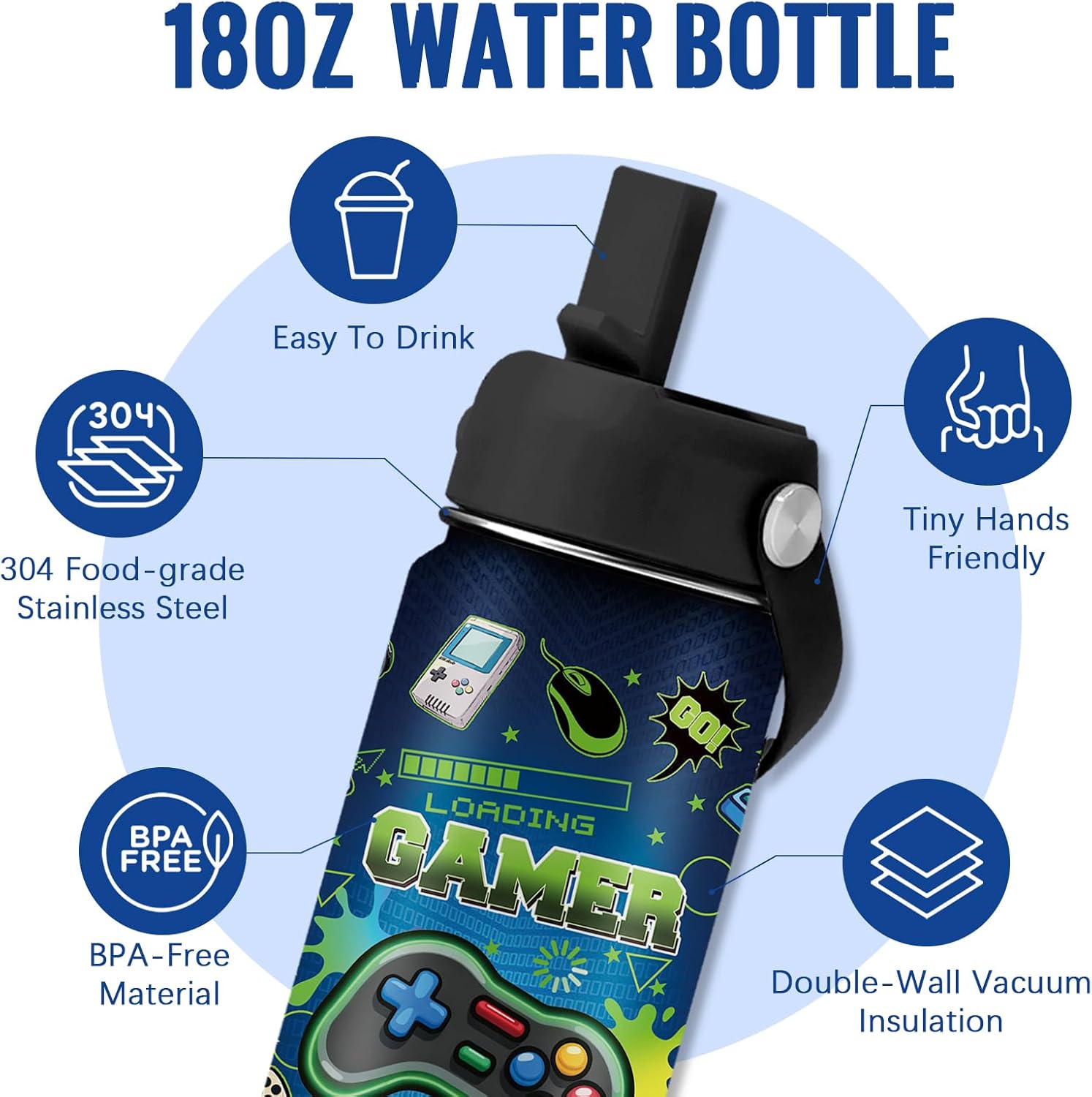 Game Gift for Kids - 18 oz Game Water Bottle with Straw Lid, Green Game Kids Stainless Steel Insulated Water Bottle, Leak Proof, BPA-Free, Gamer Cup for School, Travel, Gift for Games Lover Birthday - Image 2
