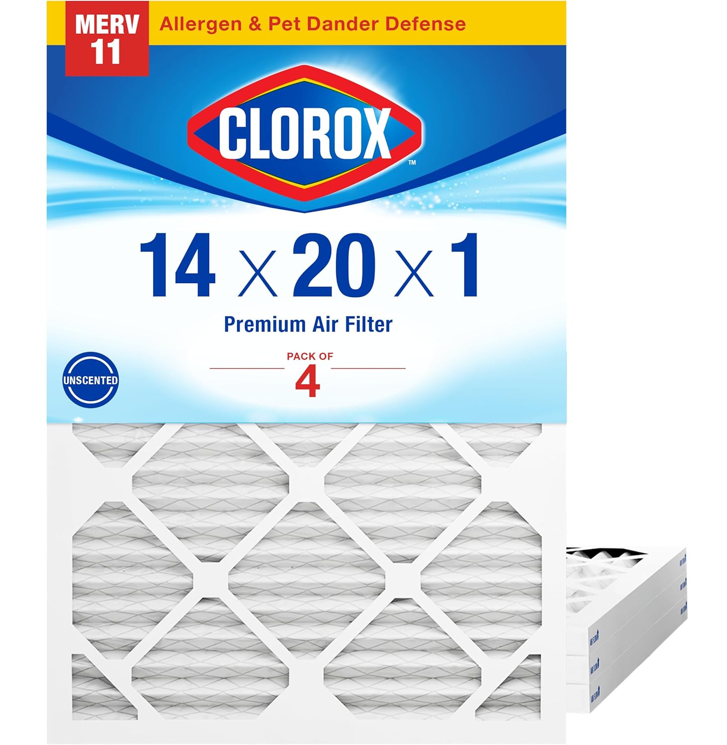 Clorox 14x20x1 Air Filter, MERV 11 Pleated HVAC AC Furnace Air Filters for Dust, Pollen and Pet Dander, MPR 1000 & FPR 7 – Pack of 4