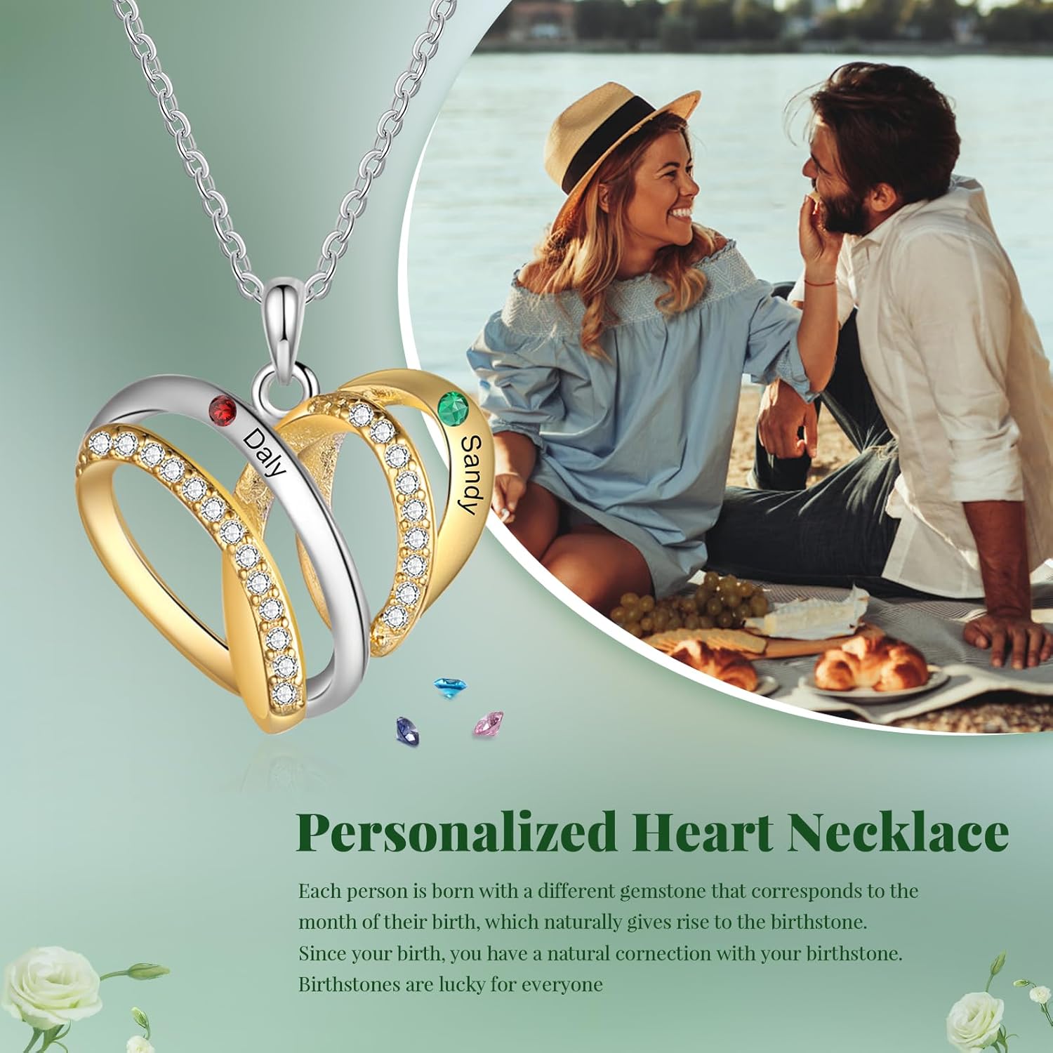 Lam Hub Fong Personalized Heart Necklace with 2-4 Birthstones | Custom Name Necklace in Silver or Gold | Perfect Mother's Day, Christmas Gift for Mom, Grandma, or Daughter