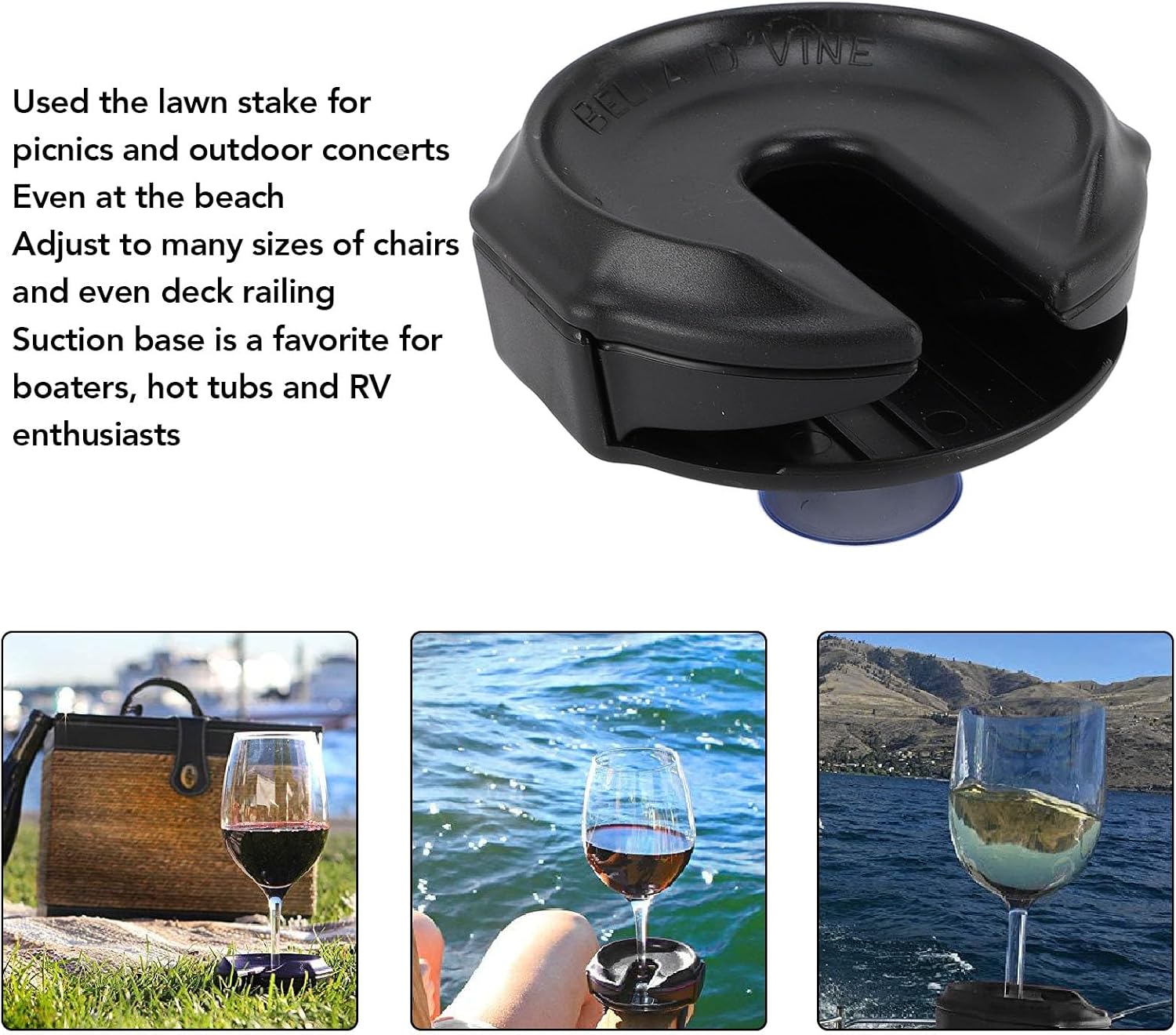 Outdoor Portable Wine Glass Holder Base Rack with 3 Attachments Very Versatile Strap Attachment for Chairs Suction Base for Boaters Picnics Patio Black image 5