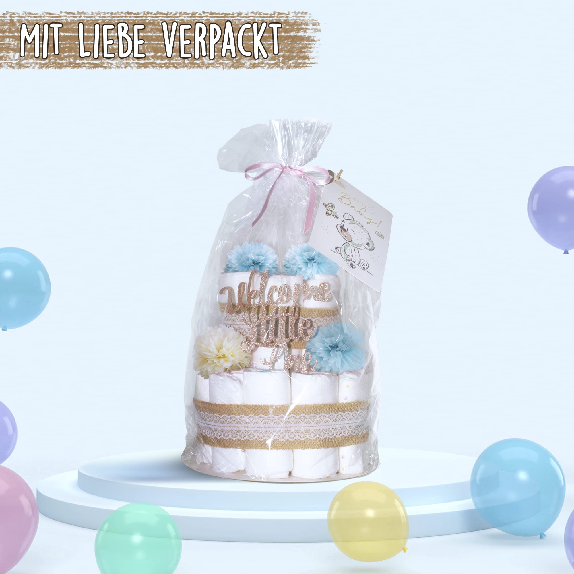 MilaBoo® - Torta di pannolini vintage per bambino, in stile boho, regalo per nascita o battesimo