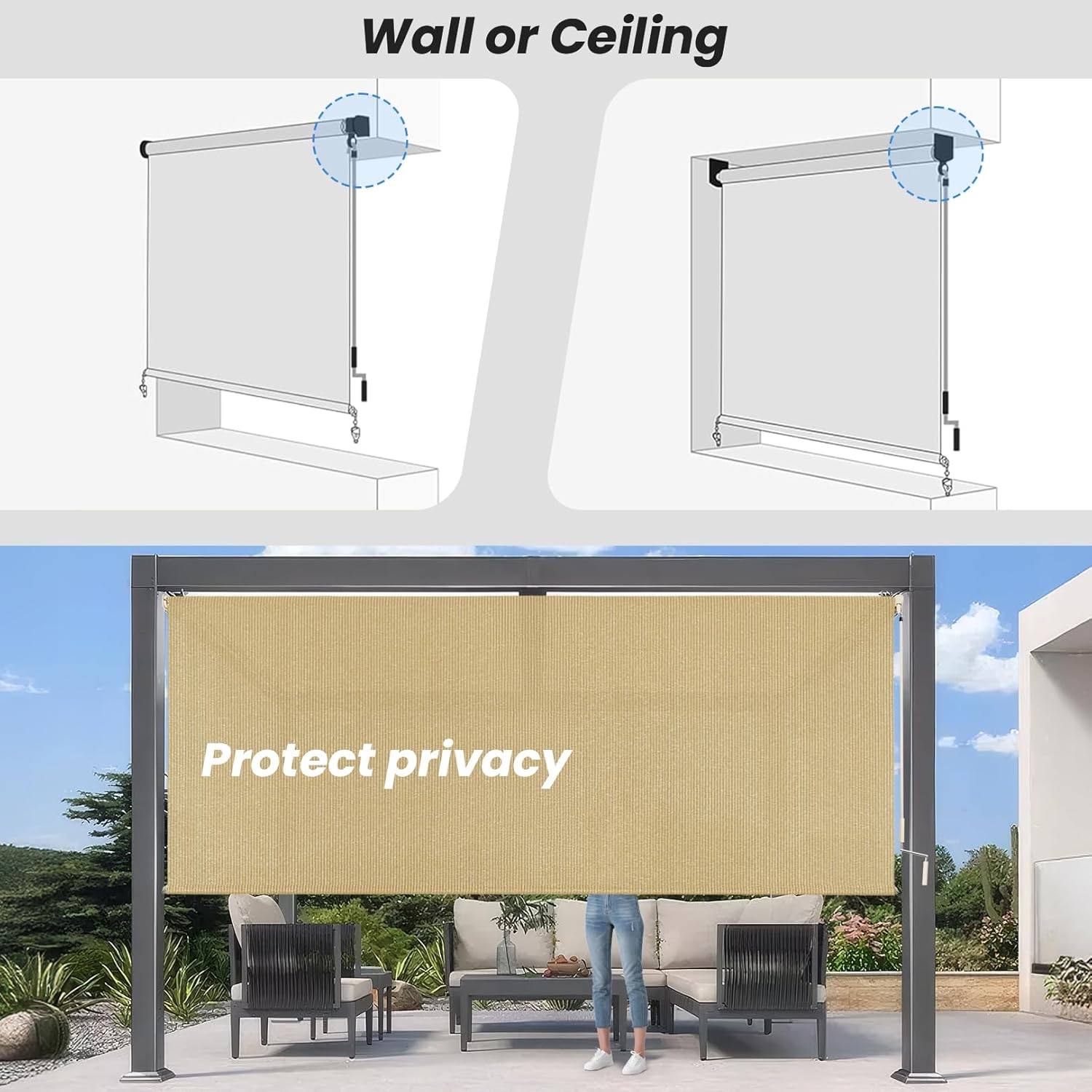6'W x 8'H Sesame Patio Shades Roll up Outdoor Roller Shade Crank Wand Blind Cordless, 90% UV Blocking & Privacy Protection for Porch|Gazebo|Pergola|Backyard (2 Splicing Tube, 1 Fabric)