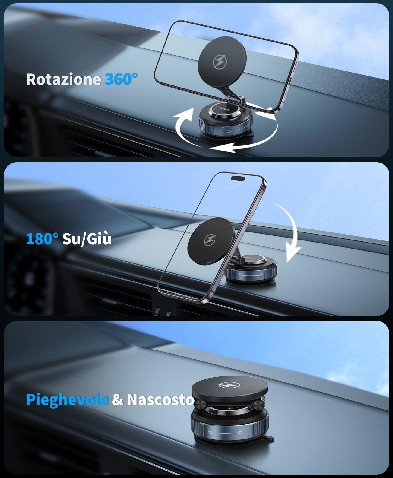 Beeasy per MagSafe Porta Cellulare Auto 15W, Caricatore Wireless Auto Regolabile a 360° [Ventosa Super Potente & Magnete N56], Magnetico Supporto Telefono Auto per iPhone 17 16 15 14 13 12