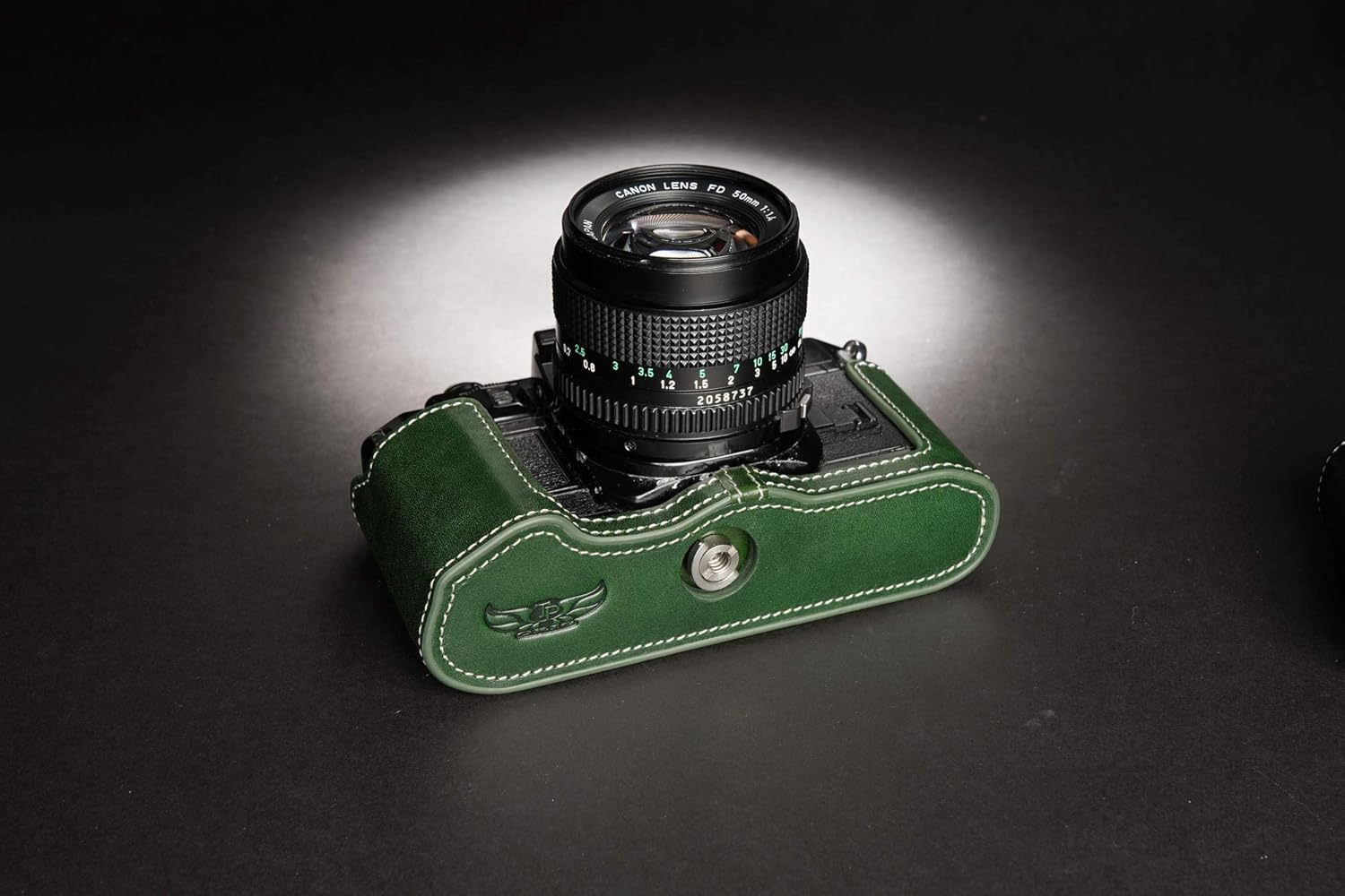 A-1 Case, BolinUS Handmade Genuine Real Leather Half Camera Case Bag Cover for Canon New AE-1 AE-1P A-1 (with Handle) Camera with Hand Strap (Green)