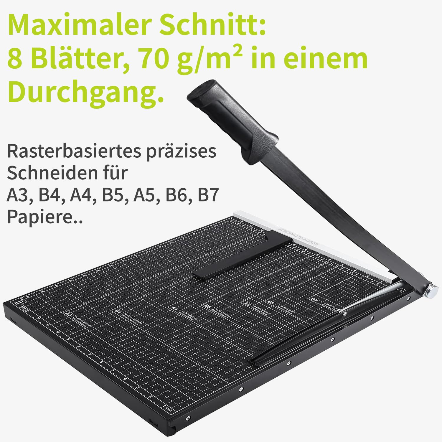 ACROPAQ Papierschneider A3 - Für 8 Blatt Papier, Messerloses Design, Kompaktes Format - Hebelschneider, Papierschneider A4 und A3, Papierschneidemaschine